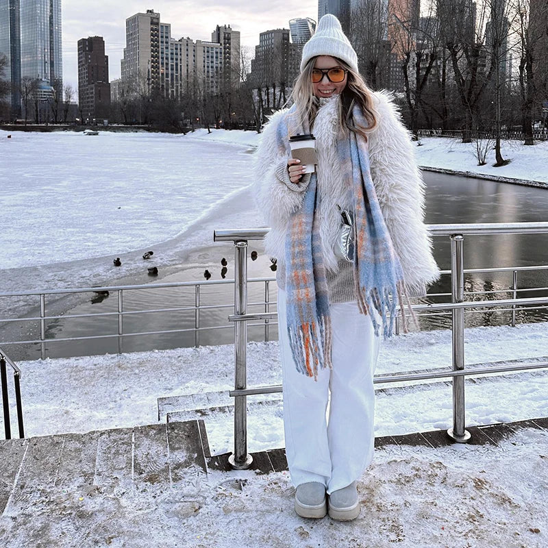 maoxiangshop - 2024 Winter Fluffy Faux Fur Coat Women Luxury Brand Tassels Furry Turkey Fur Jacket Streetwear Loose Overcoat Outerwear