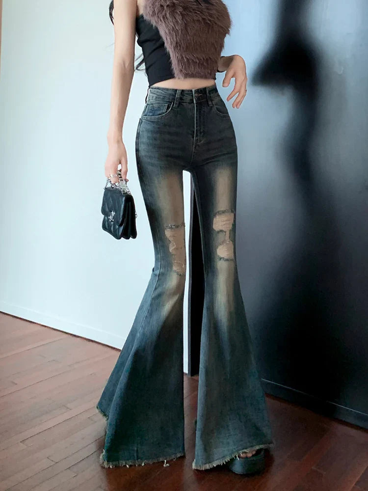 Korean Fashion Women Ripped Denim Pants Vintage Flare Jeans Harajuku Y2k Japanese Streetwear Grunge Trousers Kpop Grunge 2000s