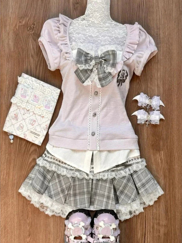 maoxiangshop - Autumn Winter Chic Solid 2-piece Set Women Korean Fashion Long Sleeve Slim Square Neck Tops + Elastic Waist Plaid Skirt Suit New