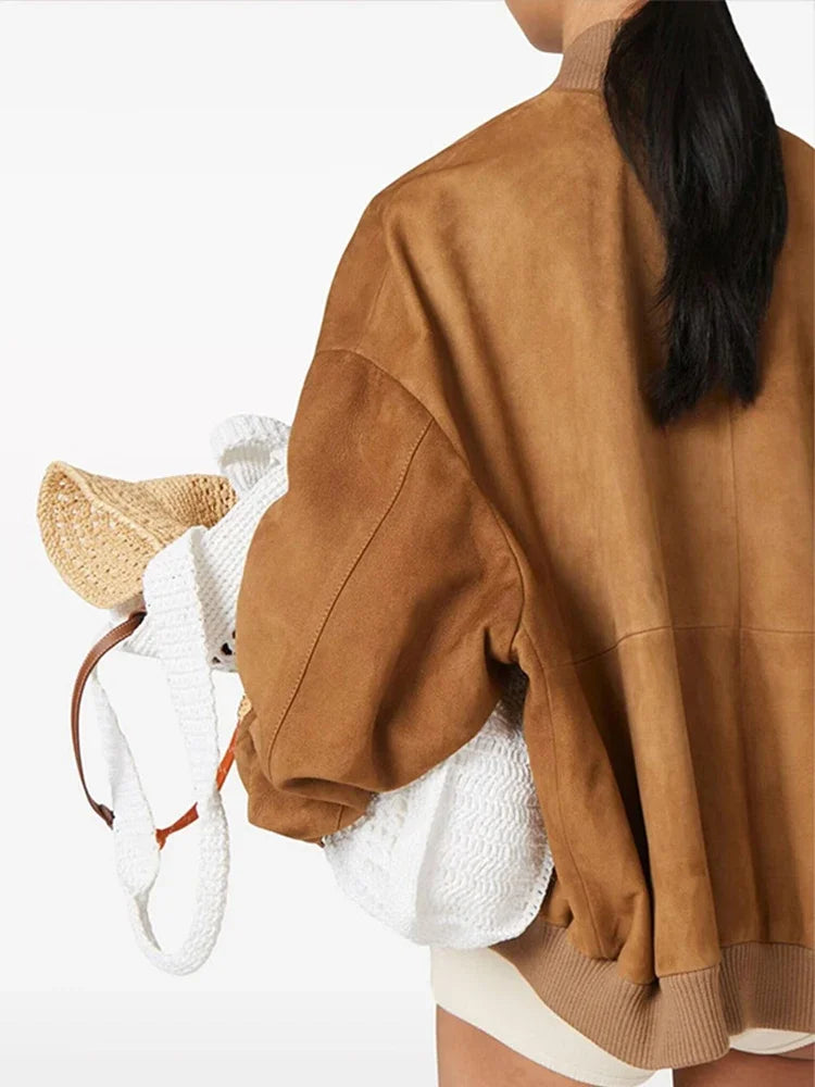 maoxiangshop - Women Patchwork Suede Jackets Long Sleeve Pocket Zipped Stand Coats 2024 Autumn Winter New Fashion Commuting Top Outerwears
