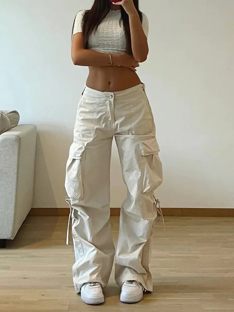 Rockmore Cargos Style Parachute Pants Low Waist Women Joggers Harajuku Pockets Baggy Wide Leg Trousers y2k Streetwear Casual