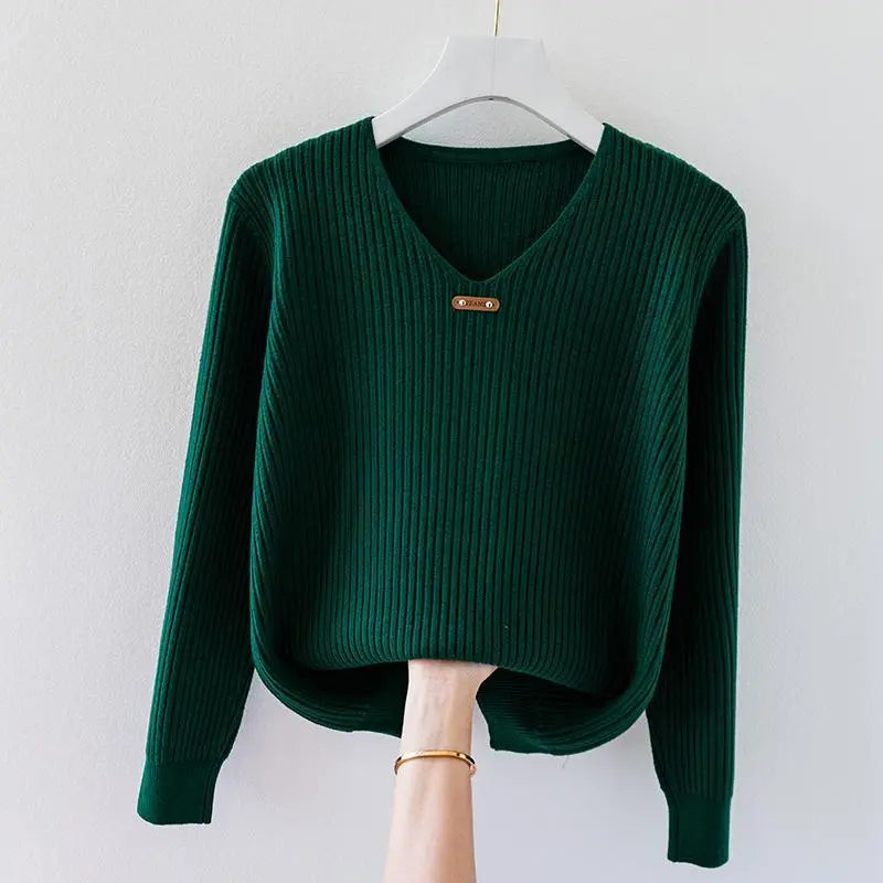 Fashion Women Long Sleeve Knitted Sweaters Spring Autumn New Solid Slim V-Neck Korean Basic Casual Bottoming Pullovers Tops 2022