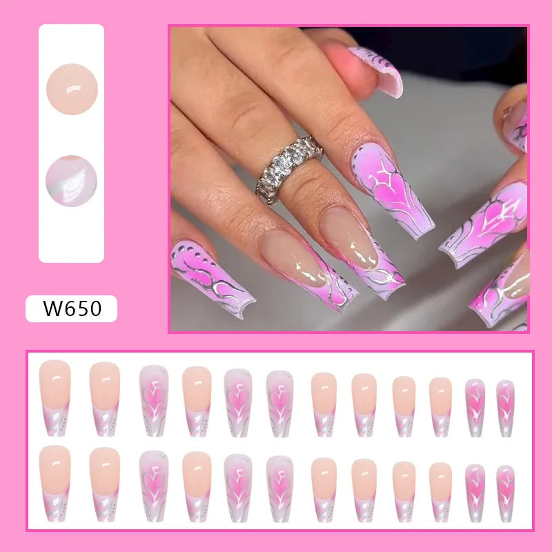 maoxiangshop 24Pcs Long Ballet False Nails Long French Fake Nails with Heart Designs Wearable Coffin Press on Nails Full Cover Nail Tips