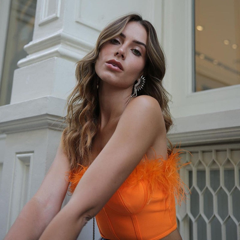 maoxiangshop Women Tube Tops Solid Color Feather Furry Trim Sleeveless Off Shoulder Backless Back Zipper Slim Fit Crop Tops