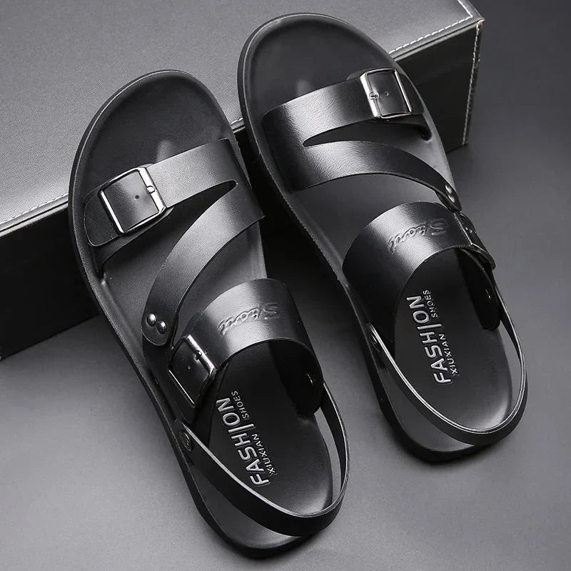 maoxiangshop Comfortable Men's Sandals Solid Color Open Toe Mens Leather Sandals New Slippers Beach for Male Leather Footwear