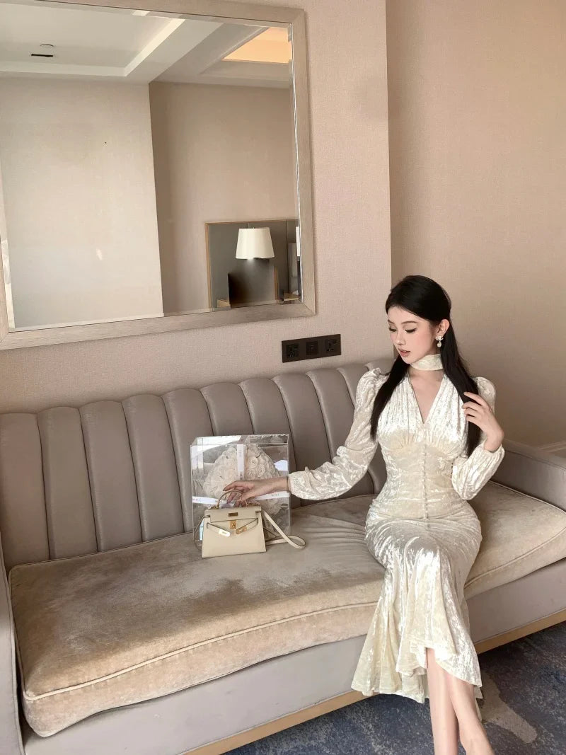 maoxiangshop Elegant Chic Single Breasted Velvet Midi Dresses for Women Spring Autumn Vintage Evening Party Slim Mermaid Female Clothing Robe