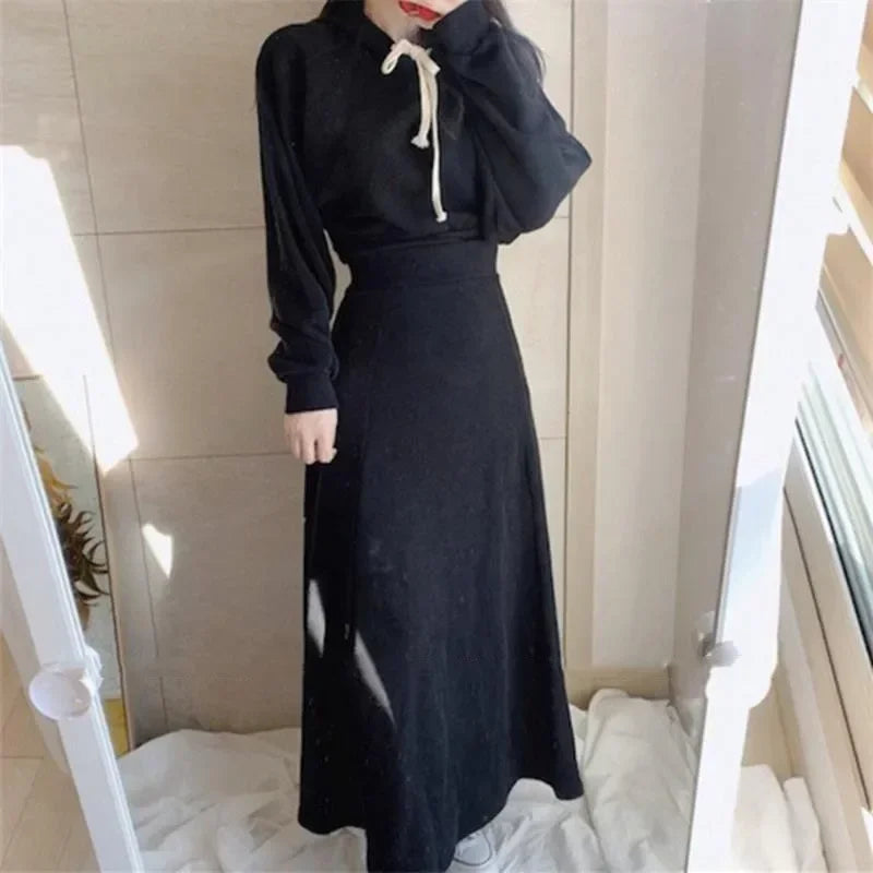 maoxiangshop maoxiangshop- Spring Autumn New Korean Women's Skirt Set Hooded Long Sleeve Hoodies Tops High Waisted Half Length Skirt 2 Piece Sets Womens