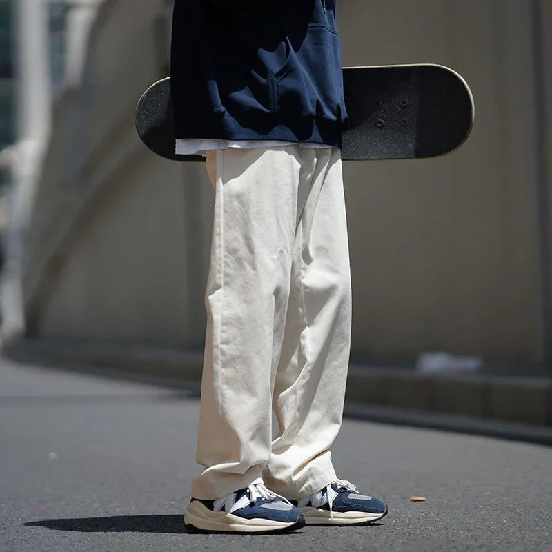 maoxiangshop Autumn Cotton Casual Pants Men Fashion 3 Color Straight Pants Men Japanese Streetwear Loose Wide Leg Pants Mens Trousers M-2XL