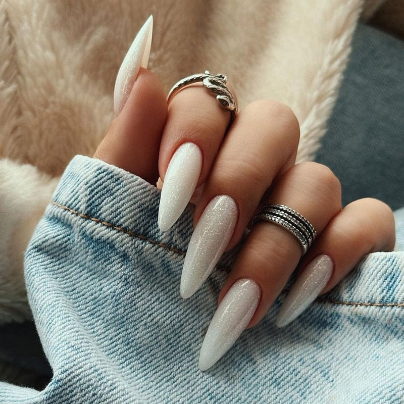 24Pcs False Nails With Glue Almond Pink Butterfly Design Detachable Rhinestones Acrylic Fake Nails long stiletto Press On Nails