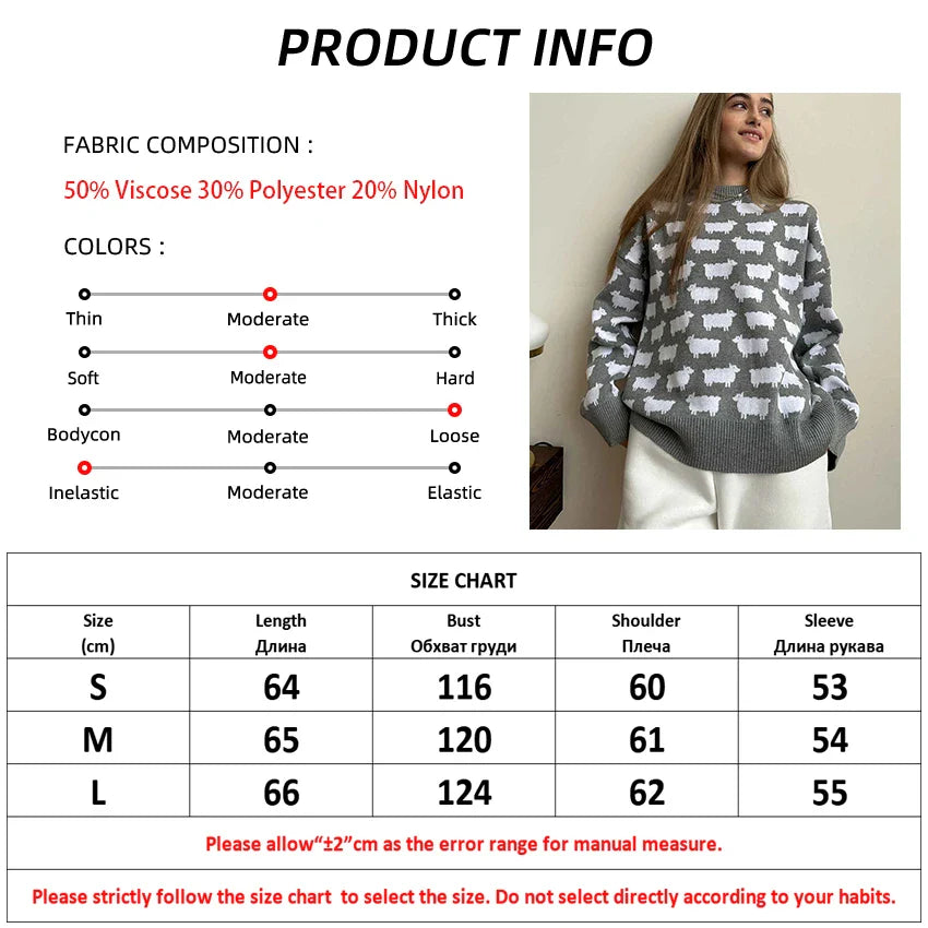 maoxiangshop - Elegant Women Sheep Printing Sweater Warm Knitted Classic O-Neck Pullover Tops Autumn Winter 2024 Streetwear Sweater