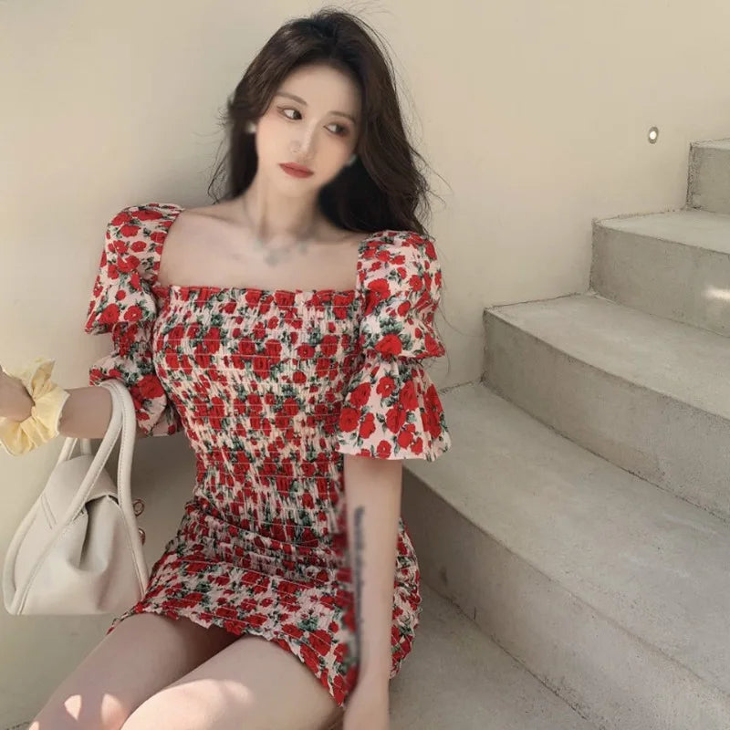 maoxiangshop Spring Summer Square Collar Floral Dress Women Temperament Slim Waist Bag Hip Skirt French Retro Dresses