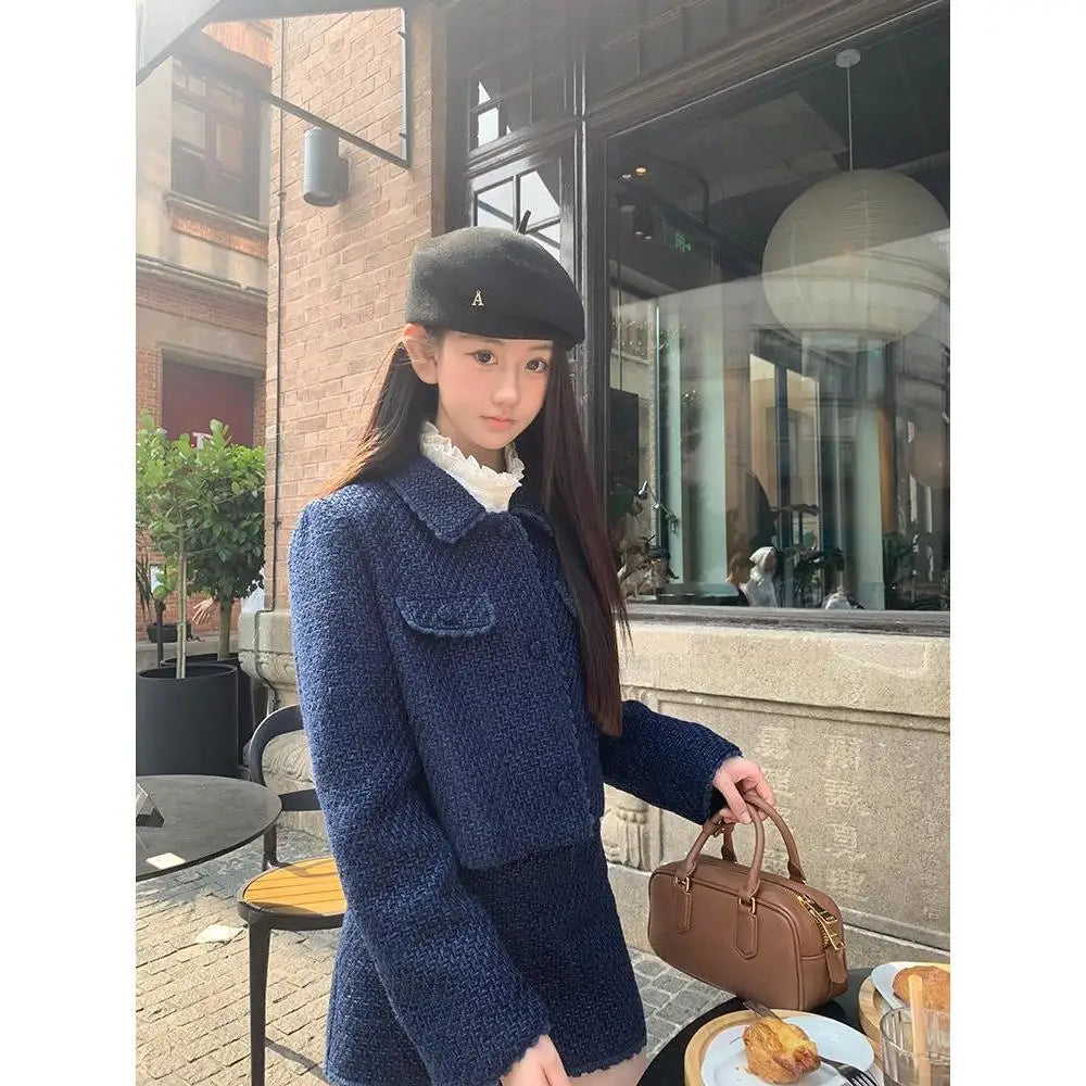 maoxiangshop - Autumn/Winter Women Suit Polo Collar Short Coat A-line Mini Skirt Set High End Fashion Navy Blue Two Piece Sets Women Outfits