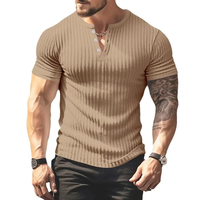 maoxiangshop Summer Slim Henry shirt short sleeve T-shirt Small T-shirt casual top sports fitness men's round neck T-shirt Ropa Hombre