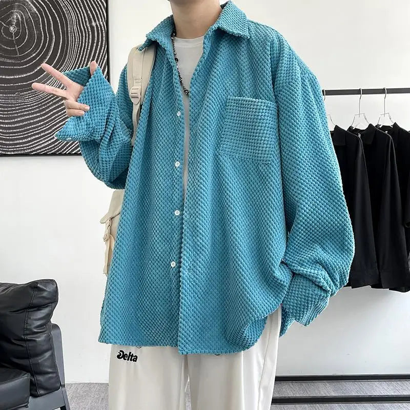 maoxiangshop New Korean Style Shirt Plus Size 5Xl-M Corduroy Shirts Men Harajuku Pineapple Cubes Mens Shirt Long Sleeve Streetwear Fashions