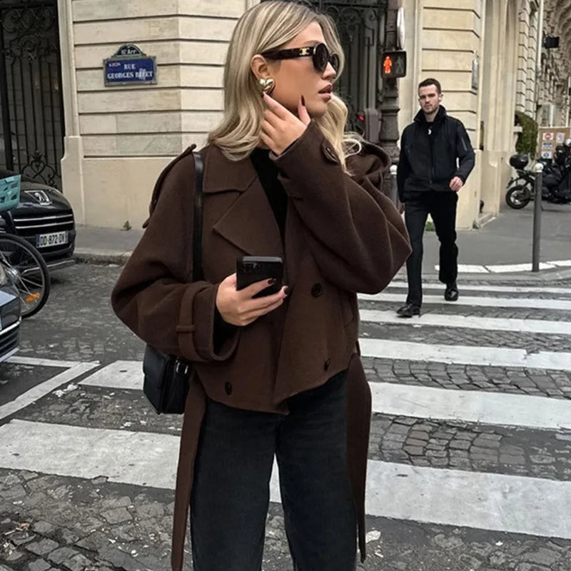 maoxiangshop - Brown Double Breasted Wool Coat Office Women's Retro Lapel Short Jacket Loose Solid Autumn Winter Coat Female Outfits