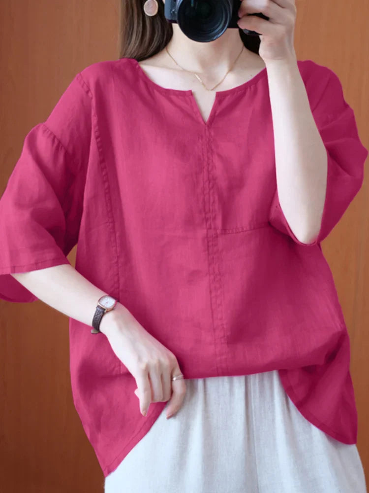 maoxiangshop Women Summer Blouse Casual Oversized Chemise Fashion Solid Vintage Half Sleeve Blusas Female O Neck Cotton Top Tunic