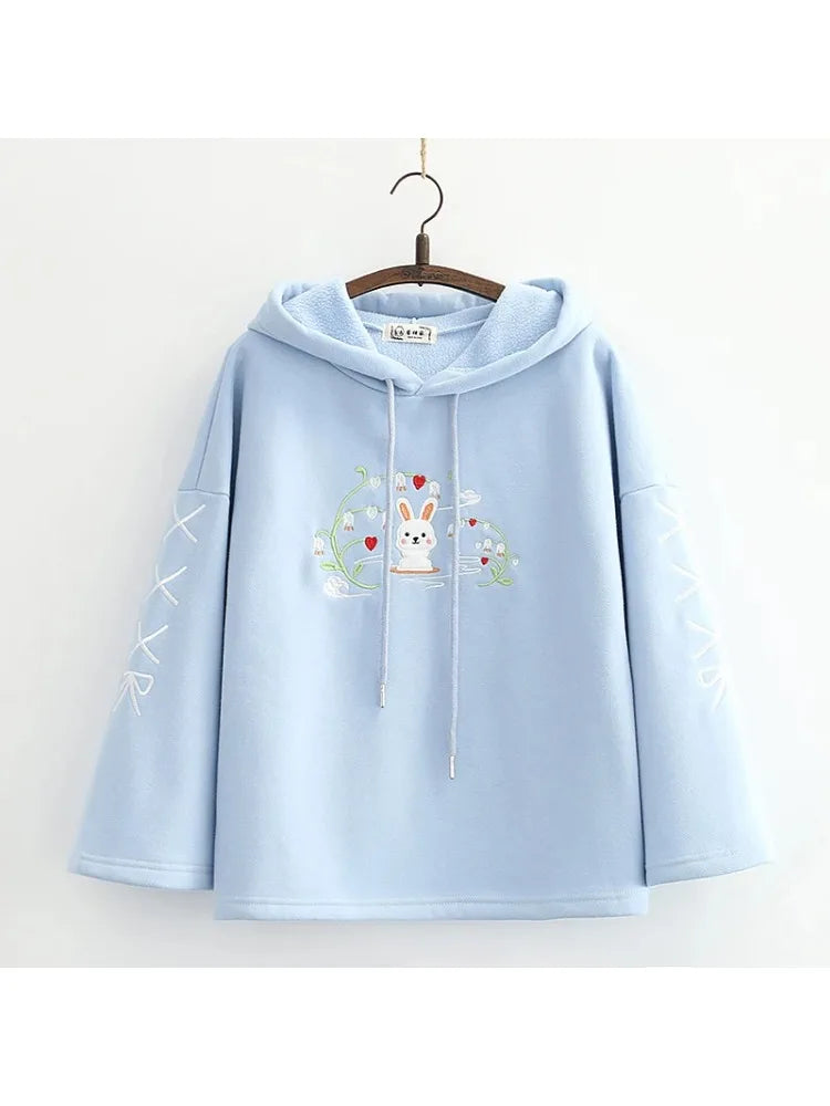 Fleece Thick Women Hoodies And Sweatshirts Cartoon Rabbit Embroidery Winter Flare Sleeve Kawaii Pullover Tracksuits