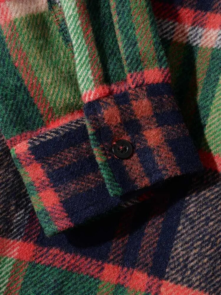 maoxiangshop Long Sleeve Shirt for Men Plaid Fuzzy Button Shacket Blouses Unisex Streetwear Overshirt Fall Winter Warm Shirt Tops