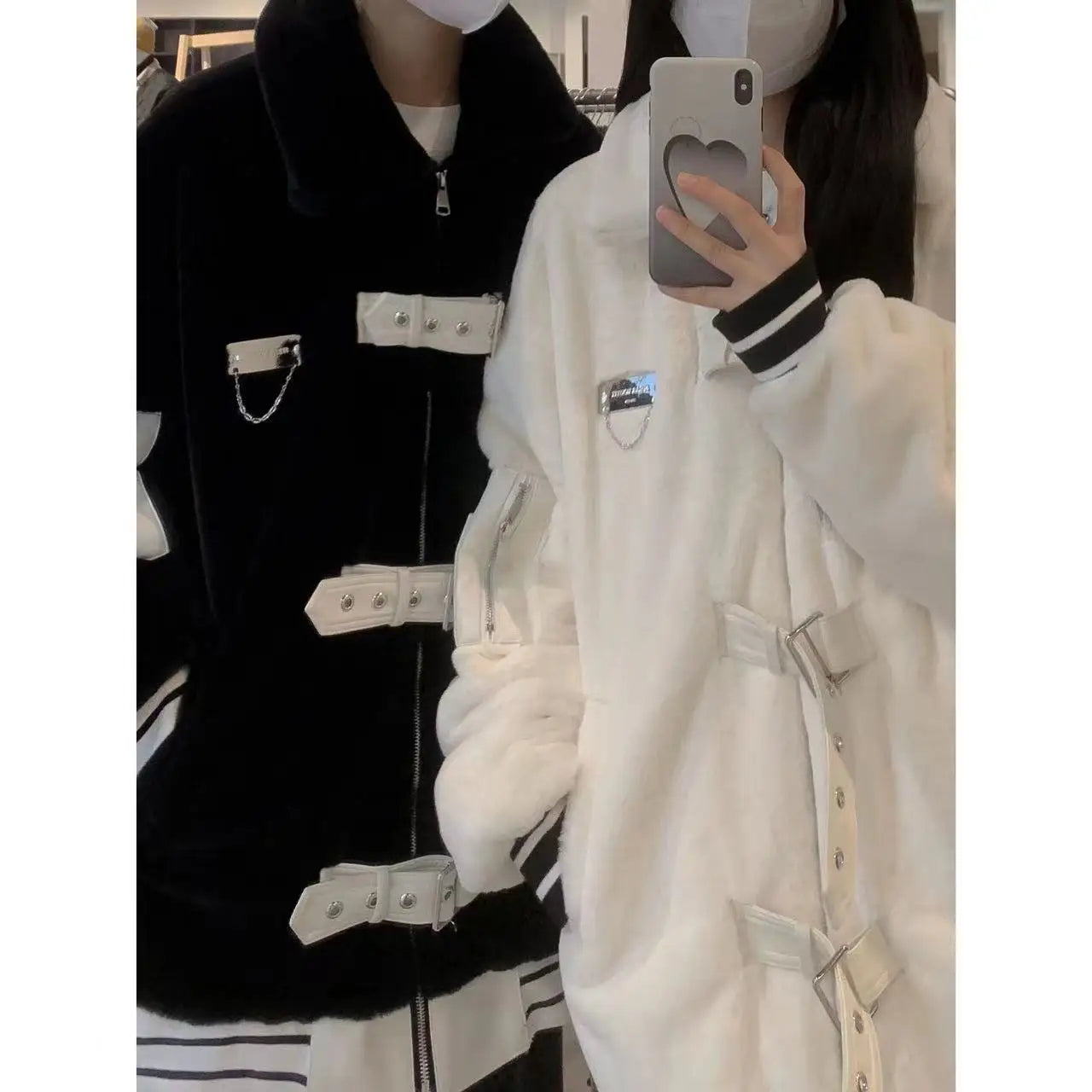 Korean Two-color Leather Buckle Lambswool Jacket Men Women In Winter Loose High Street Wild Couple Cotton-padded Coat Tops