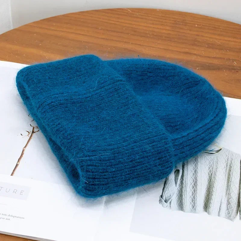 maoxiangshop 21colors Autumn Angola Rabbit Fur Knitted Beanies Winter Skullies Women's Hat Fashion Solid Warm Cashmere Wool Three Fold Thick