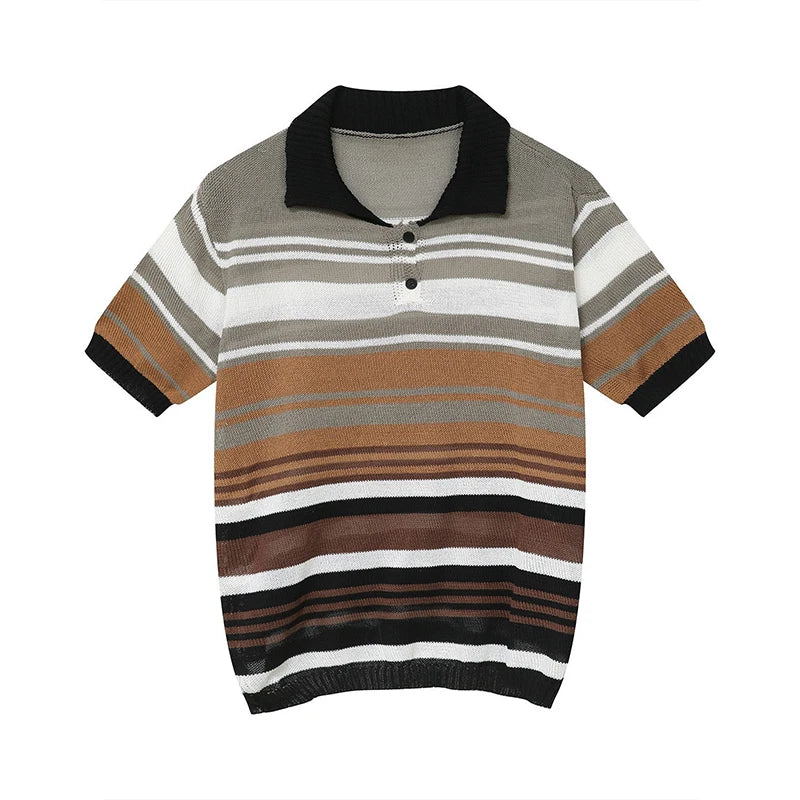 maoxiangshop Vintage Y2K Striped Polo Shirt Mens Knitwear Summer Short Sleeve Buttoned Lapel Knit Tops For Men Casual Loose Breathable Polos