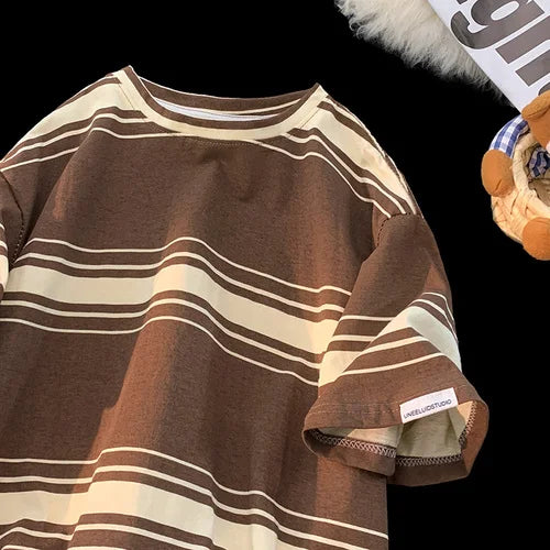 maoxiangshop M-3XL Vintage T-shirts Men Striped Y2k Tops Baggy Round Neck Korean Fashion Couple Clothes Teens Chic Handsome Camisetas Summer