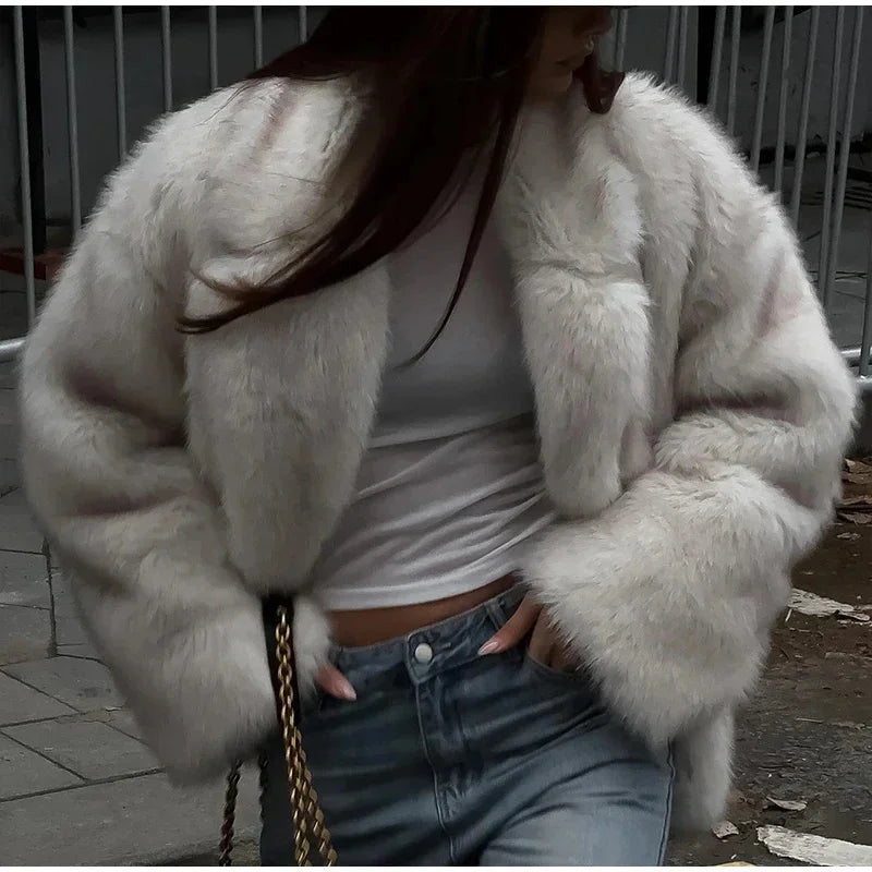 maoxiangshop - Solid Fluffy Faux Fur Thick Coat Women Fashion Warm Lapel Long Sleeve Short Jacket 2024 Autumn Winter Lady High Street Outerwear