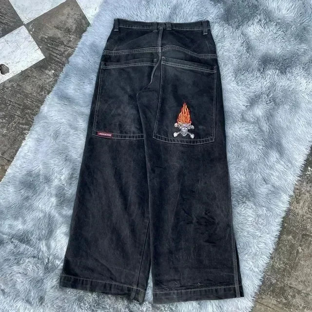 Jeans New Harajuku Hip Hop Retro Skull Graphic Embroidered Baggy Jeans Denim Pants Men Women Goth High Waist Wide Trousers