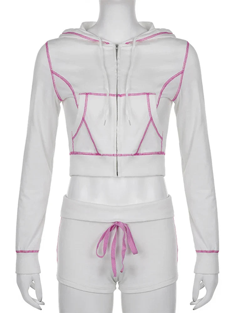 maoxiangshop - Lace Up Short Sets For Women 2 Piece Summer Outfits Autumn New Slim Knitted Hoodies And Short Suits Woman Clothes