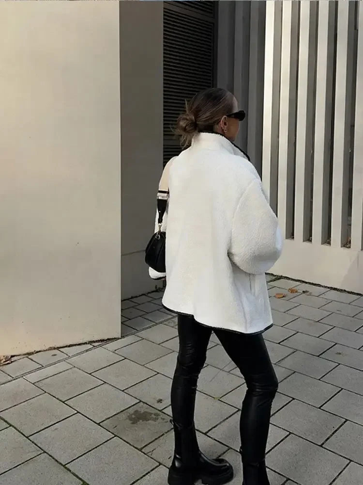 maoxiangshop - Fashion Contrast Lamb Wool Jacket Women Casual Single Breasted Stand Collar Long Sleeves Thick Coat Autumn Winter Lady Outwear