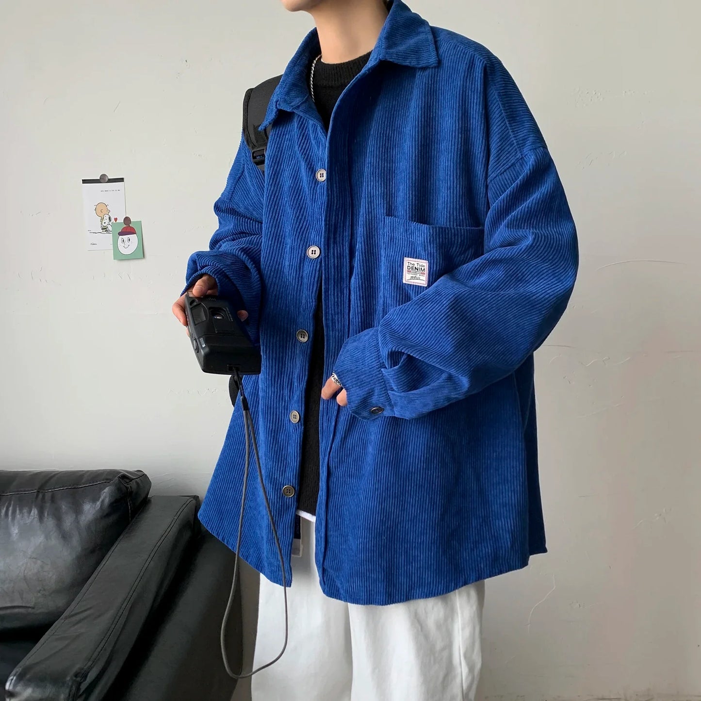 maoxiangshop Men Corduroy Shirts Harajuku Korean Loose Style Long Sleeve Vintage Streetwear Overshirt M-3XL