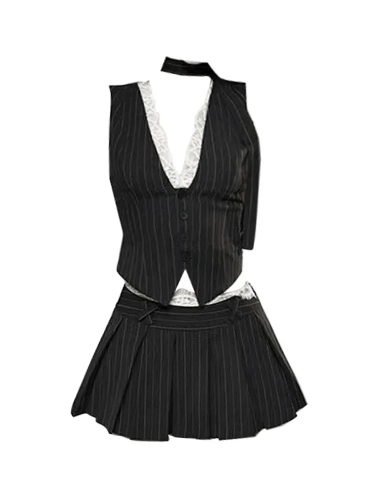 maoxiangshop - Women Old Money 2000s Aesthetic Cutecore Y2k Korean Fashion Outfits 2 Piece Set Striped Lace Vest + Hot Mini Pleated Skirts
