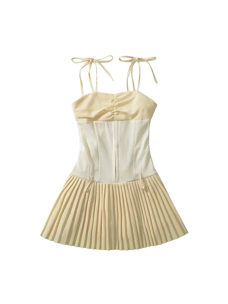 maoxiangshop - Summer Girls Cute Black Sling Waistband Short Dress Young Lady Spring New Fashion Patchwork Yellow Pleated Mini Dresses