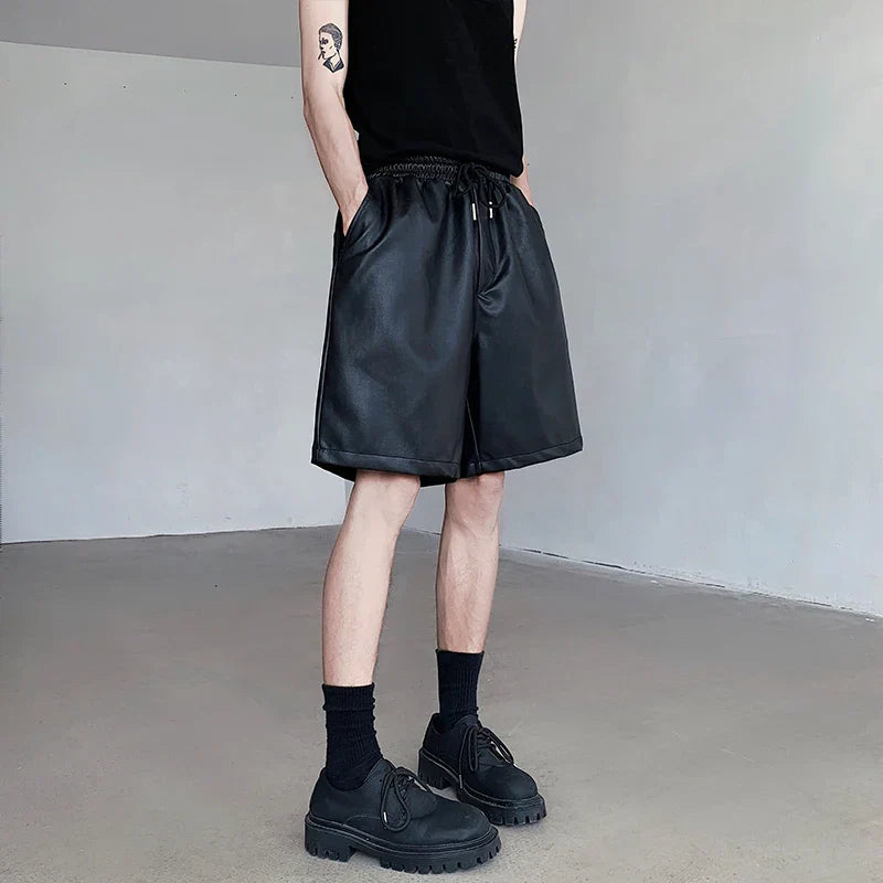 maoxiangshop Summer Leather Shorts Men Fashion Black Motorcycle Shorts Mens Streetwear Hip-hop Loose Leather Shorts Men Casual Shorts M-2XL