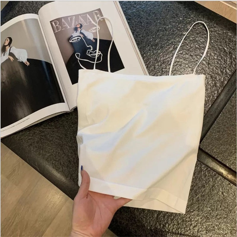 maoxiangshop Basic Spaghetti Strap Tank Top Bra Summer White Tops For Women Backless Slim Sleeveless Camisole Cropped Bandeau Tops