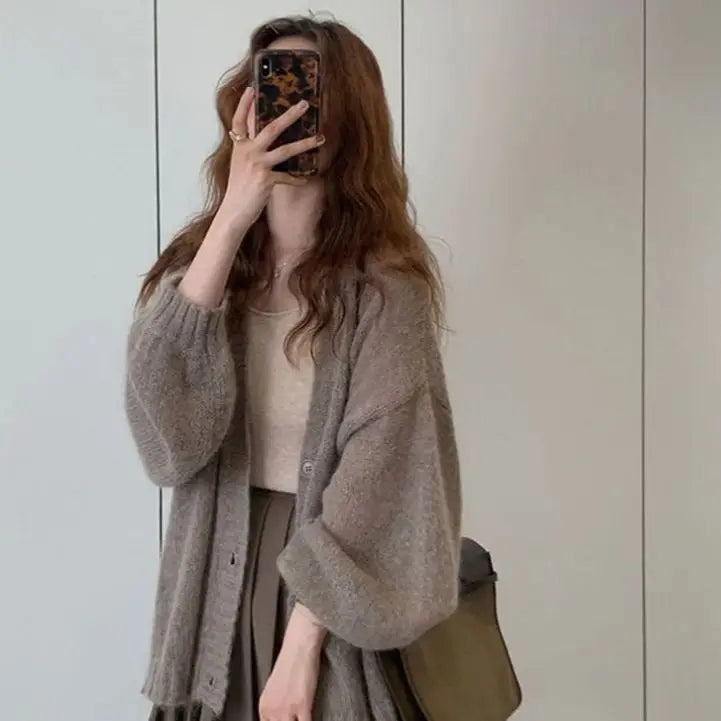 maoxiangshop Autumn Winter Fashion Casual Women's Tees Simple Soft Knitted Sweater Gentle Warm Cardigan Coat Temperament Office-Lady