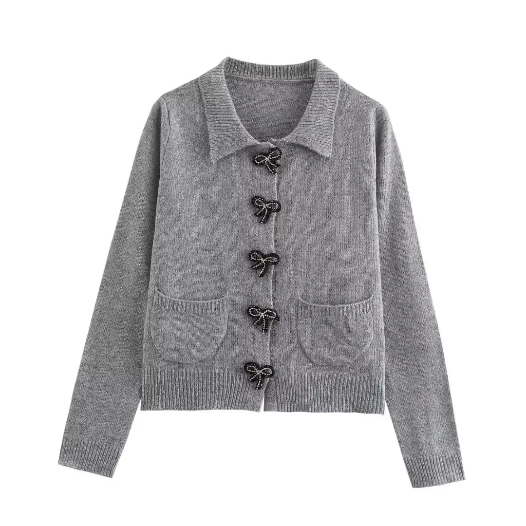 maoxiangshop - Fashion Bow Cropped Knitted Cardigan Women Ribbed Coat Long Sleeve Button Short Sweaters Women 2024 Autumn Knitwears Jacket Top