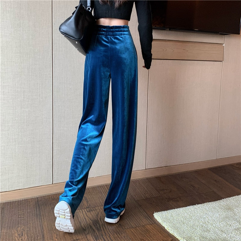 maoxiangshop Winter Velvet Elegant Pants Women Solid Casual Korean Style Wide-legged Pants Loose Casual Designer High-waist Trousers New