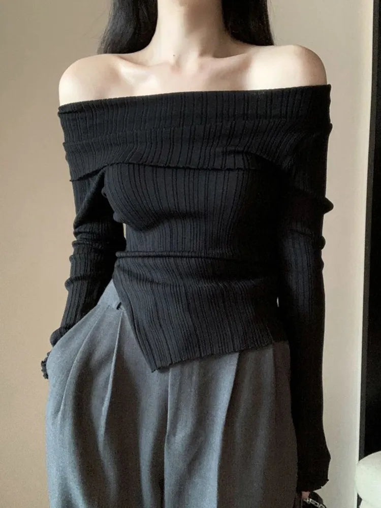 maoxiangshopOff Shoulder Pullover Women Autumn Long Sleeve Knitted Tops Female Slim Slash Neck Knitwear Ladies Korean Style Thin Pullovers