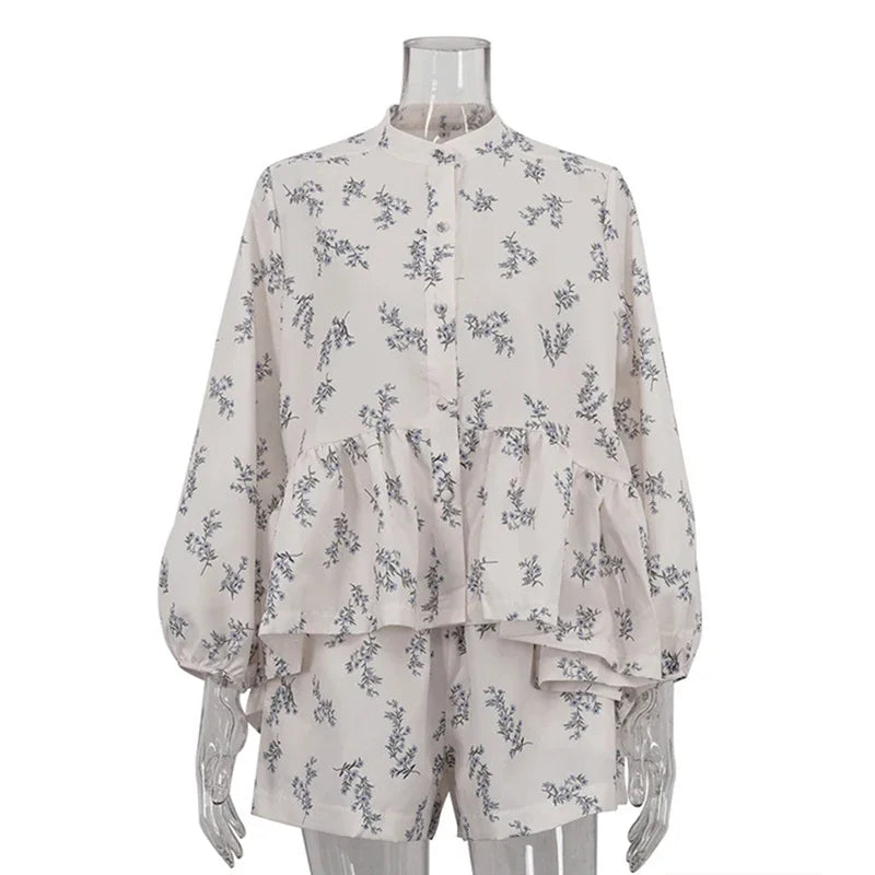 maoxiangshop - Print Shorts Suit Women's Chic Puff Sleeve Ruffled Splice T-Shirt Loose Shorts Matching Set Female Fashion Autumn Outfits
