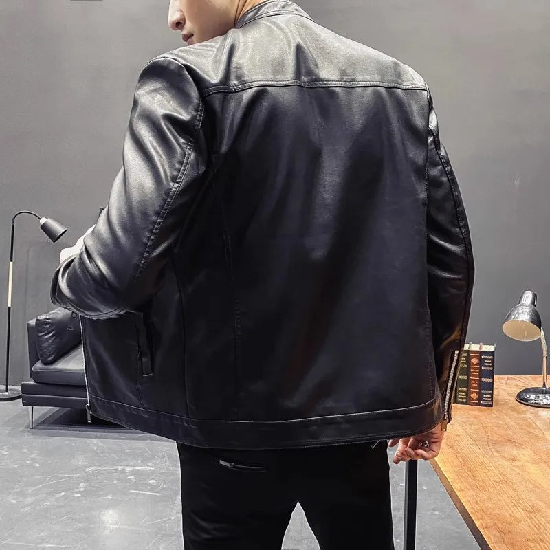 maoxiangshop New Men Leather Jacket Classic Slim Fit Motorcycle PU Leather Jacket Solid Color Standing Collar Men Large Black Leather Jacket