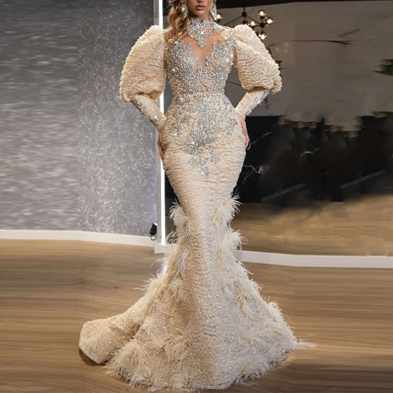 maoxiangshop Evening Gowns Women Party Dress Full Lace Beading Feather Prom Dresses Long Sleeves High Neck Robe De Soir¨¦e