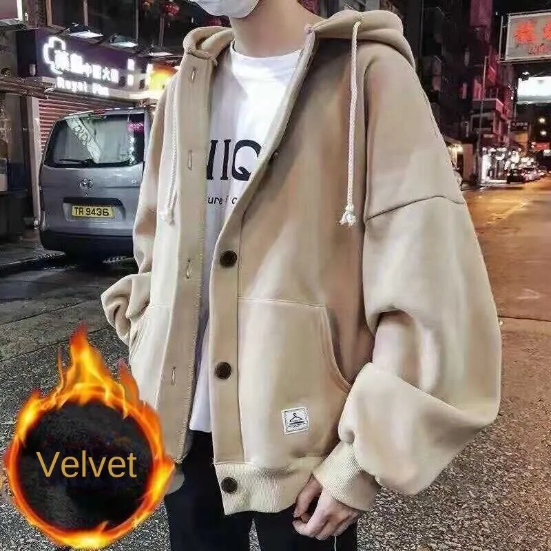 maoxiangshop Autumn Korean Sweatshirts for Men Casual Zip Up Hoodies Loose Coat Street Thick Warm Fashion Hip Hop Cardigans Hooded Jacket