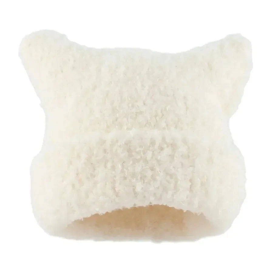 maoxiangshop Winter Lambswool Hats For Women Cute Cat Ears Beanie Soft Warm Knitting Cap Cuffed Skullies Fashion Street Hip Hop Hat