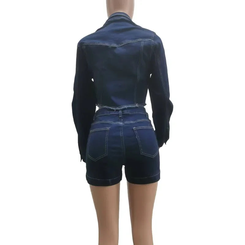 maoxiangshop - 2024 Autumn Women Stretch Denim 2 Piece Set Metal Buckles Long Sleeve Irregular Jackets Crop Top + Shorts Jeans Matching Suits