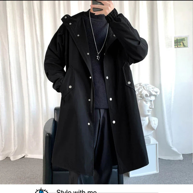 maoxiangshop New Autumn Men's Jacket Trench Coats Pie Over Solid Color Hooded Men's Fashion Handsome Leisure Long Jacket Trench Coats