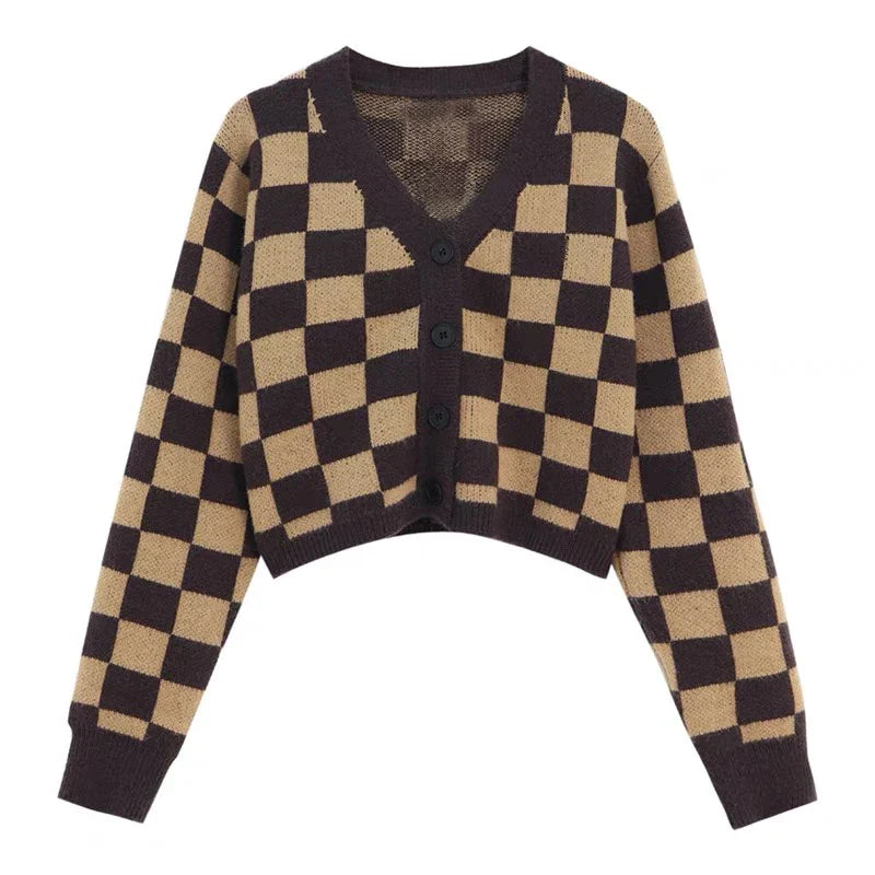 maoxiangshop Checkerboard Crop Cardigan V-neck Button Up Knitted Sweaters Women Autumn Winter Outfit
