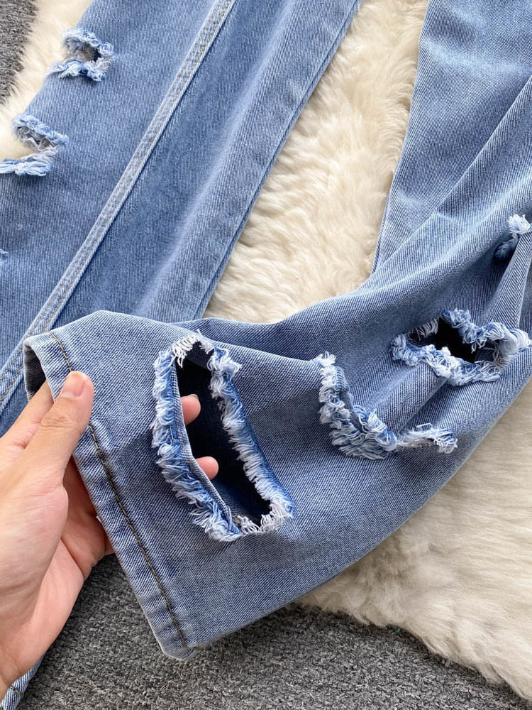 maoxiangshop Women Jeans Summer Blue Denim Trouser High Waist Ripped Holes Straight Leg Full Length Pants Casual Street Clothes