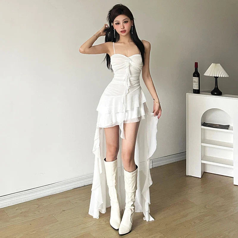 maoxiangshop Sexy Ruffle Mesh Dresses Women Sleeveless Black Prom Dress White Aesthetics Clothing Sweet Asymmetrical Summer Dress