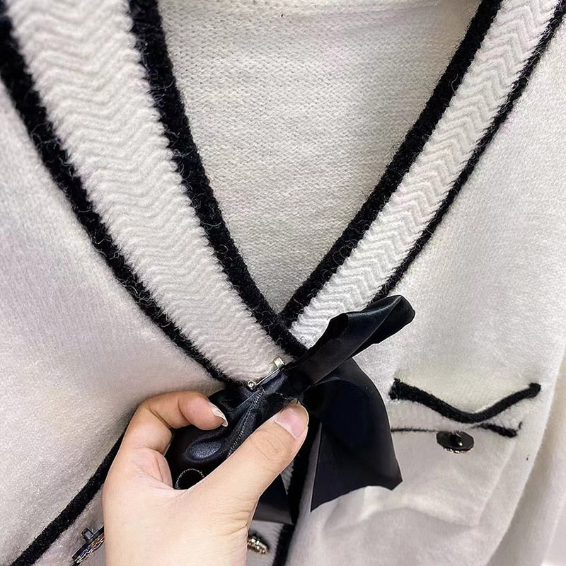 Knitted Cardigan Female Red Short Fashion Sweater women's Loose Bow Solid Long-Sleeved Kawaii Autumn High-Waist Knitted Top